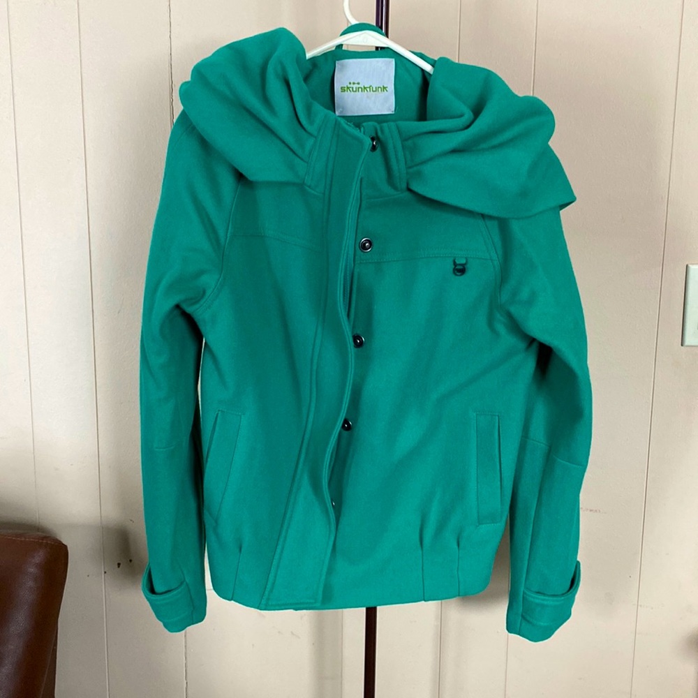 Turquoise Skunk Funk one of a kind Nora wool jacket! Large over-sized hood.